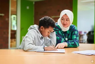 Leerling ISK leert samen met een docent.
